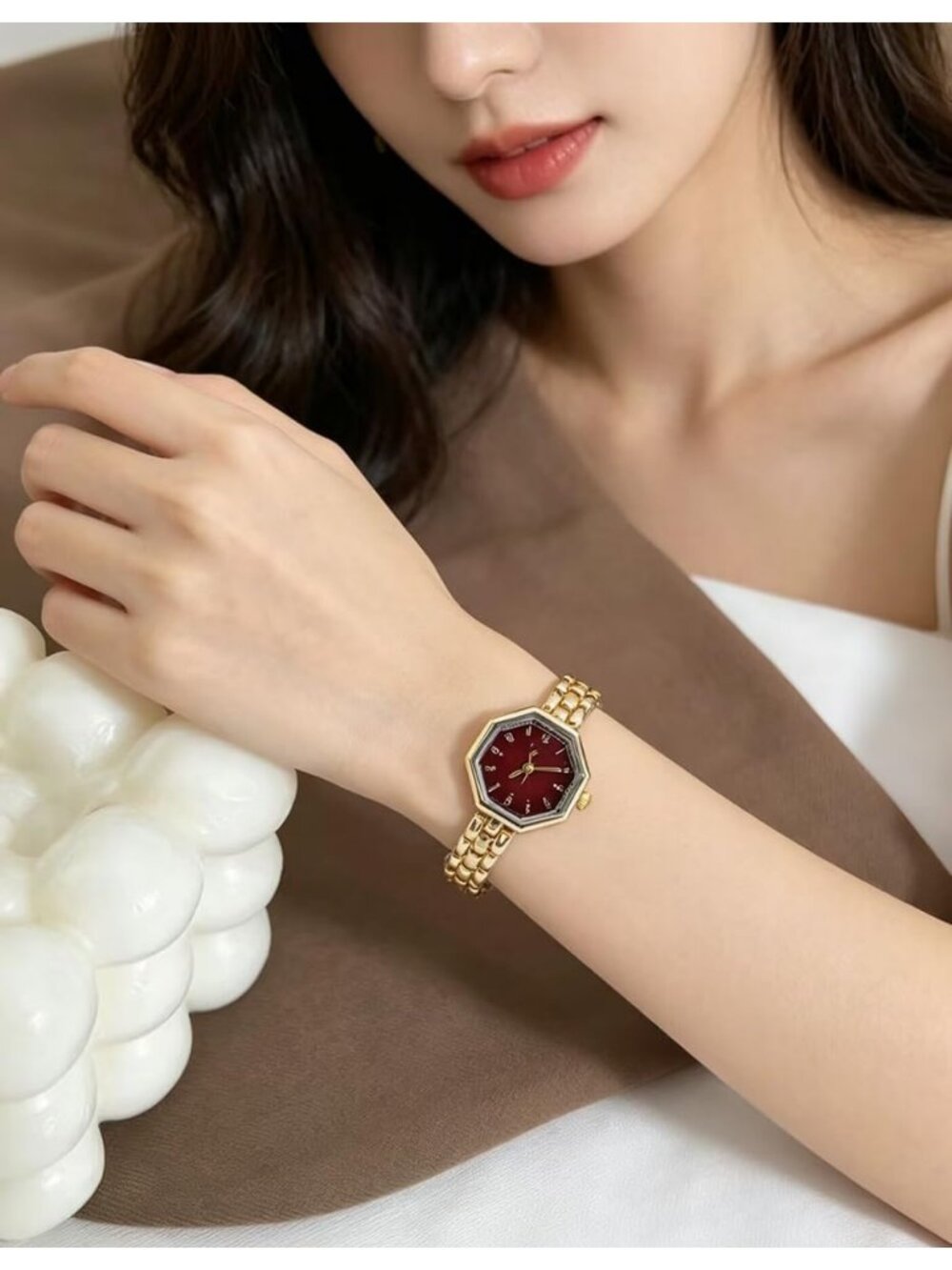 Women's Golden Red Octagonal Stainless Steel Dress Quartz Vintage Wrist Watches - Picture 4 of 6